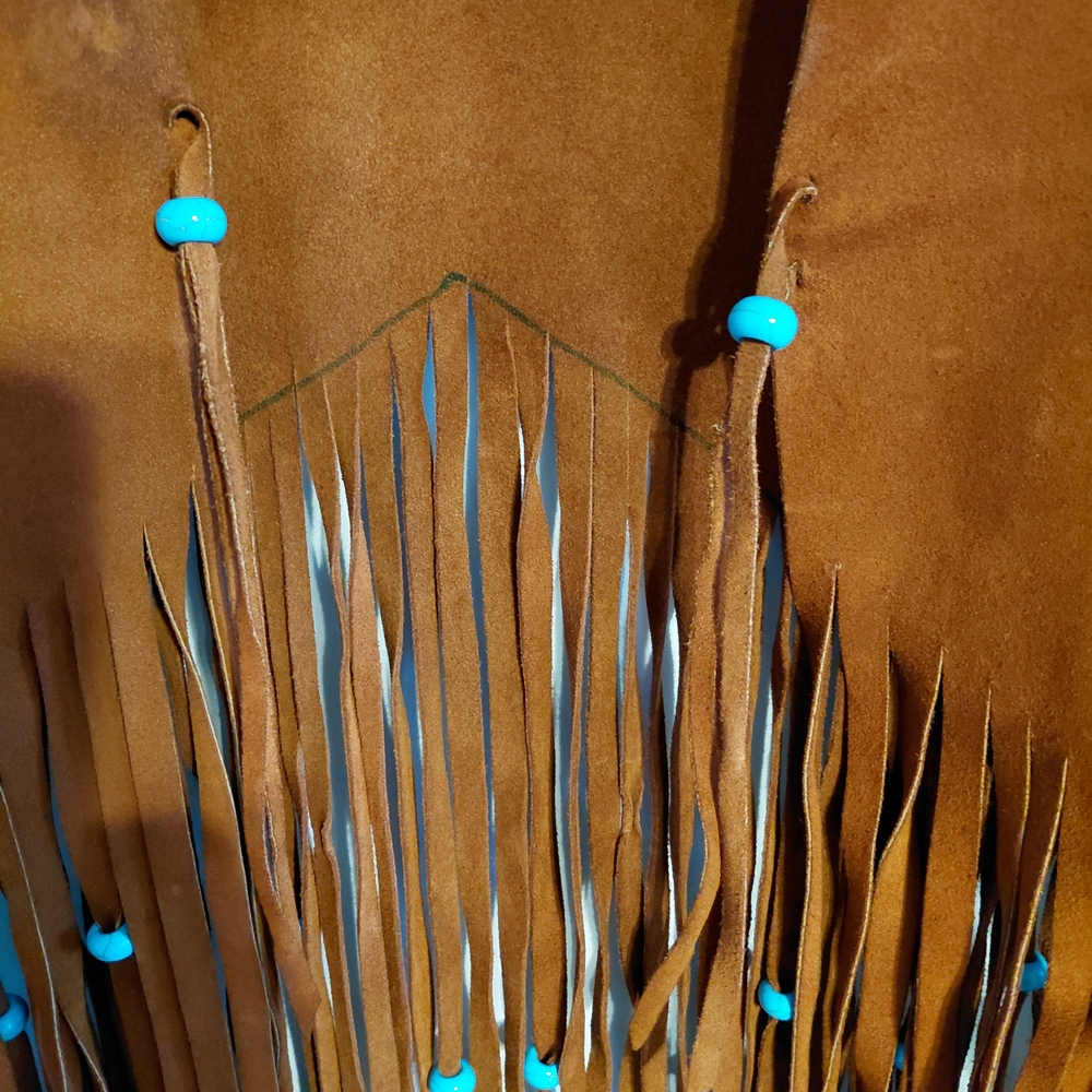 Vintage 1960s Brown Leather Fringe Vest with Turquoise Accents - Picture 3 of 7